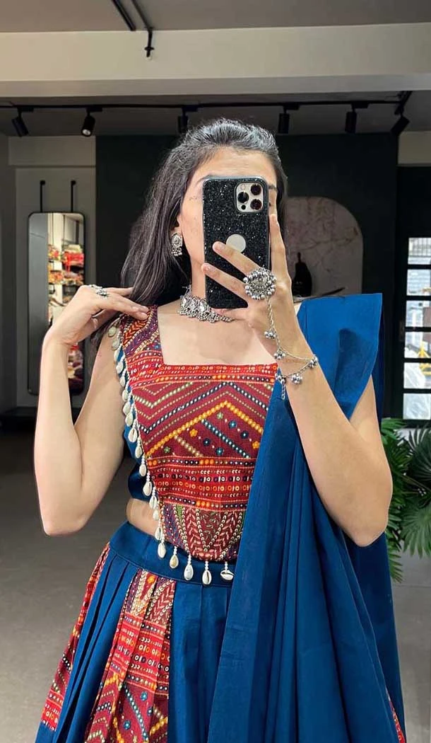 Pure Cotton Multi Color Print Work Navratri Wear Lehenga Choli - 10097192347