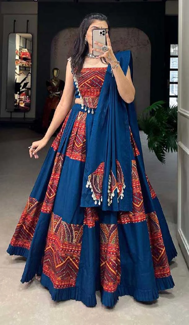 Pure Cotton Multi Color Print Work Navratri Wear Lehenga Choli - 10097192347