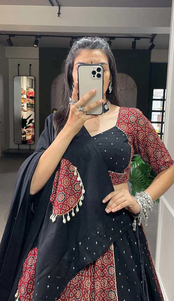 Pure Cotton Print Work Navratri Wear Lehenga Choli In Multi Color - 10097192348