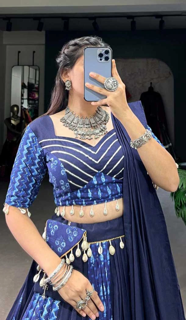 Navy Blue Pure Cotton Print Work Navratri Wear Lehenga Choli - 10097192349