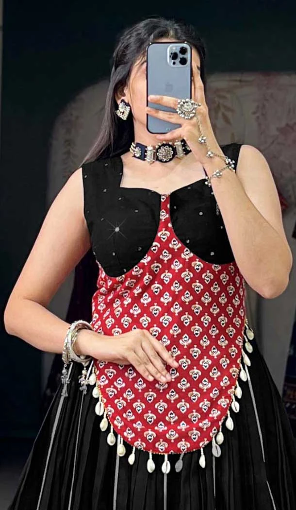 Multi Color Pure Cotton Print With Mirror Hand Work Navratri Wear Lehenga Choli - 10097192350