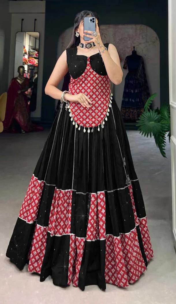Multi Color Pure Cotton Print With Mirror Hand Work Navratri Wear Lehenga Choli - 10097192350