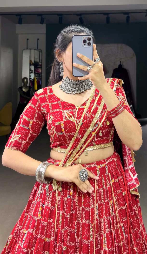 Red Pure Rayon Foil Print Work Navratri Wear Lehenga Choli - 10097192351