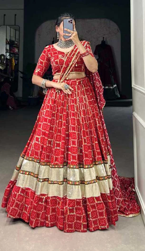 Red Pure Rayon Foil Print Work Navratri Wear Lehenga Choli - 10097192351