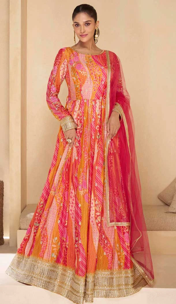 Georgette Multi Color Embroidered Party Wear Readymade Gown - 10111192406