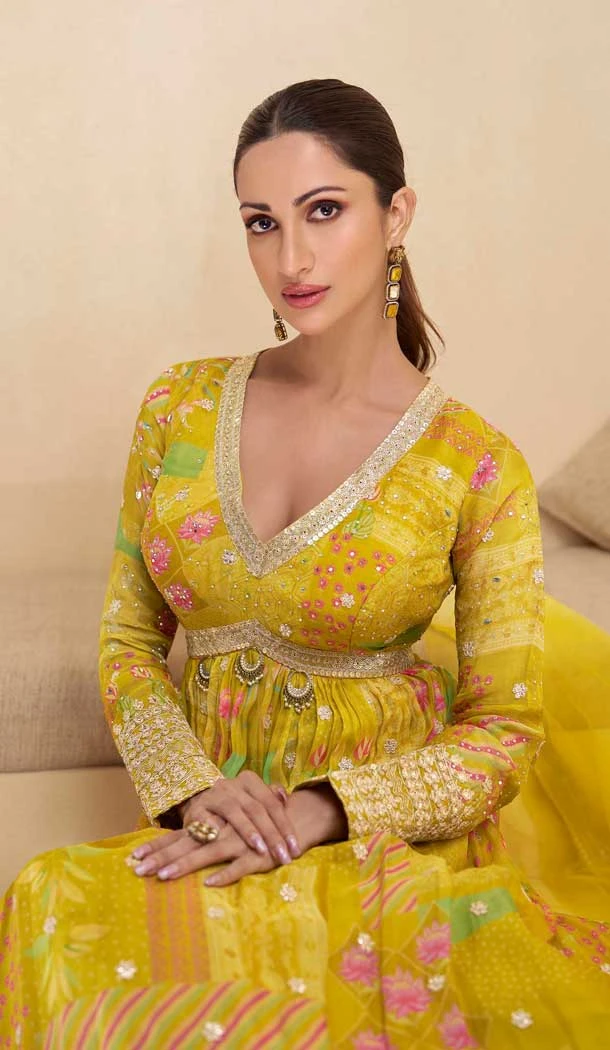 Georgette Embroidered Party Wear Readymade Gown In Yellow - 10111192407