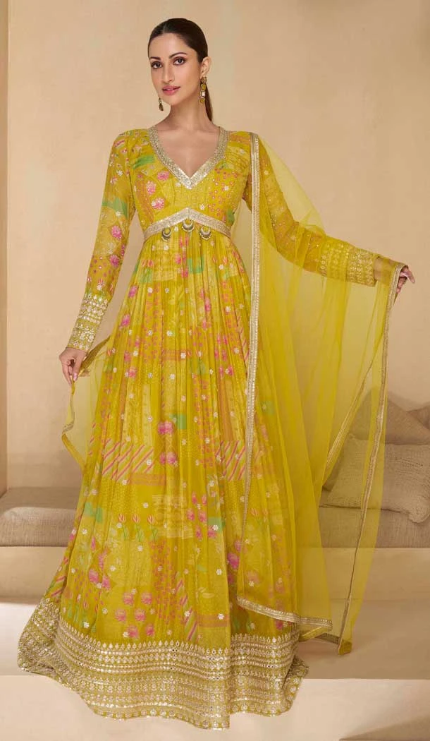 Georgette Embroidered Party Wear Readymade Gown In Yellow - 10111192407