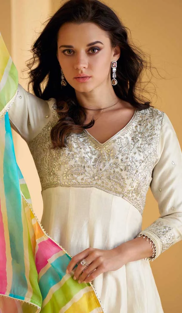 White Silk Embellished Work Party Wear Designer Sharara Suit - 10112192408