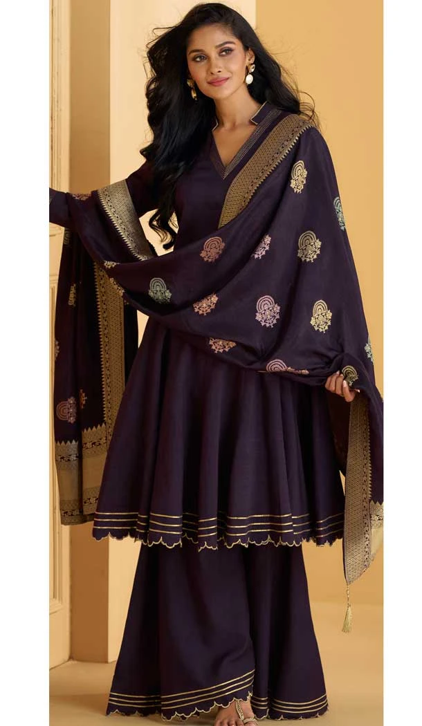Purple Silk Embellished Work Party Wear Designer Sharara Suit - 10112192409