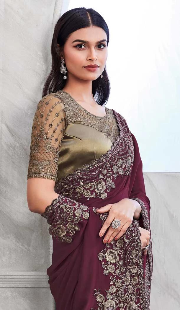Walnut Art Silk Sequins Work Party Wear Saree In Wine - 10114192417