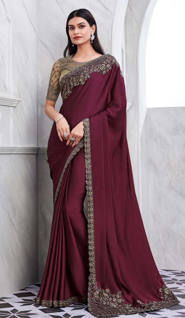 Walnut Art Silk Sequins Work Party Wear Saree In Wine - 10114192417