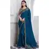 Walnut Art Silk Sequins Work Party Wear Plus Size Saree In Navy Blue - 10114192418