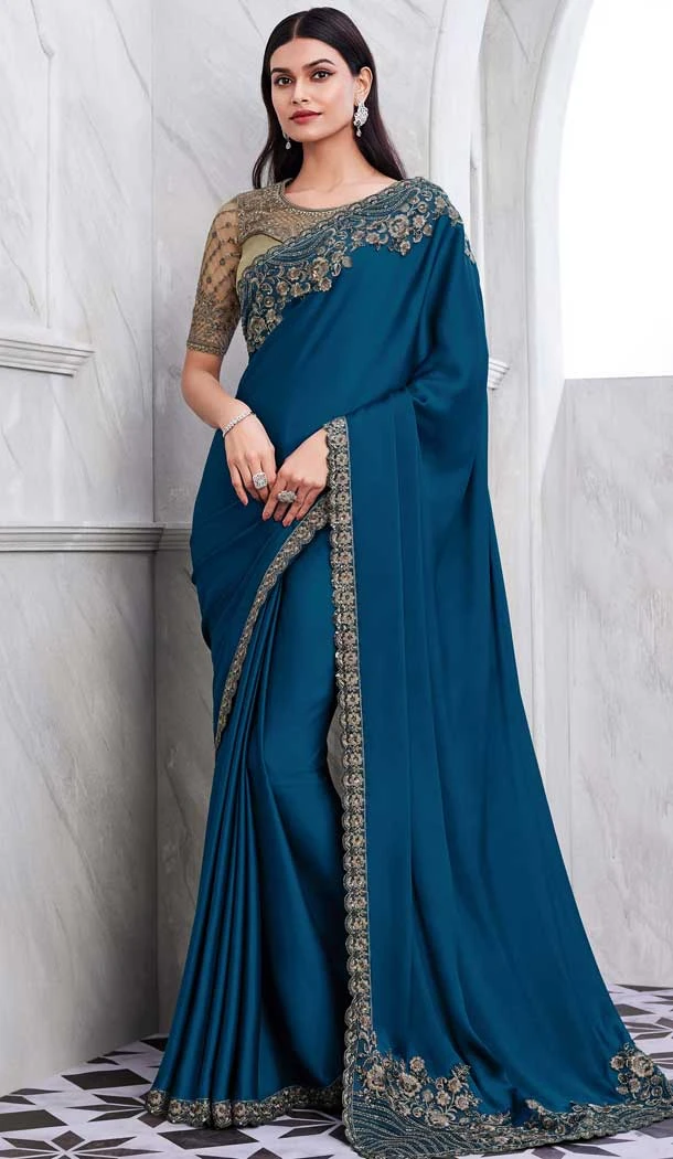Walnut Art Silk Sequins Work Party Wear Saree In Navy Blue - 10114192418