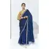 Navy Blue Glass Tissue Organza Embroidered Traditional Wear Plus Size Saree - 10115192422