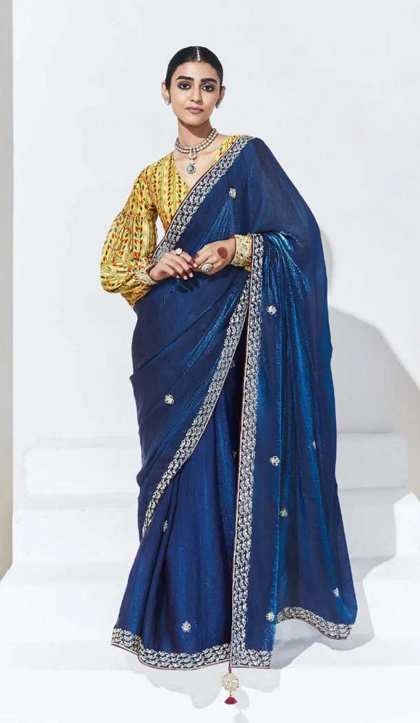 Navy Blue Glass Tissue Organza Embroidered Traditional Wear Saree - 10115192422 Navy Blue Glass Tissue Organza Embroidered Traditional Wear Saree - 10115192422