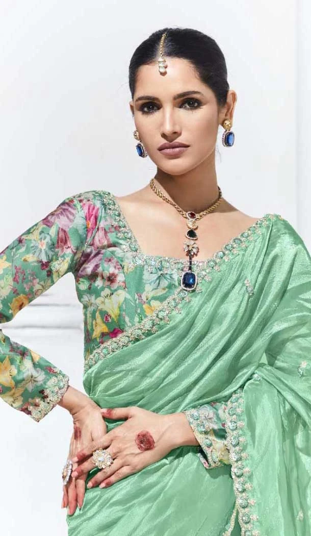 Sea Green Glass Tissue Organza Embroidered Traditional Wear Saree - 10115192425