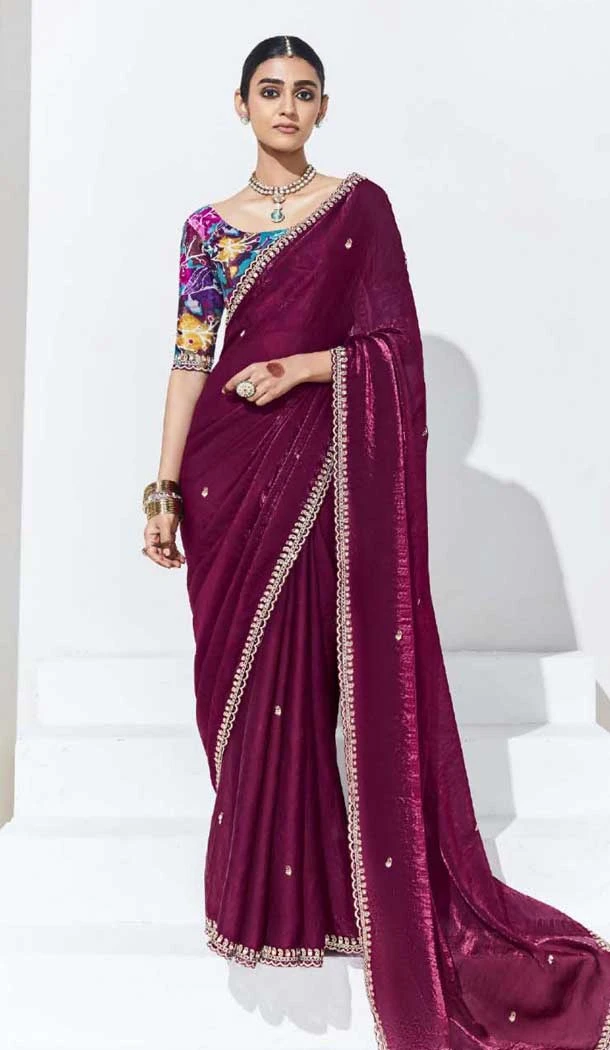 Wine Glass Tissue Organza Embroidered Traditional Wear Saree - 10115192426