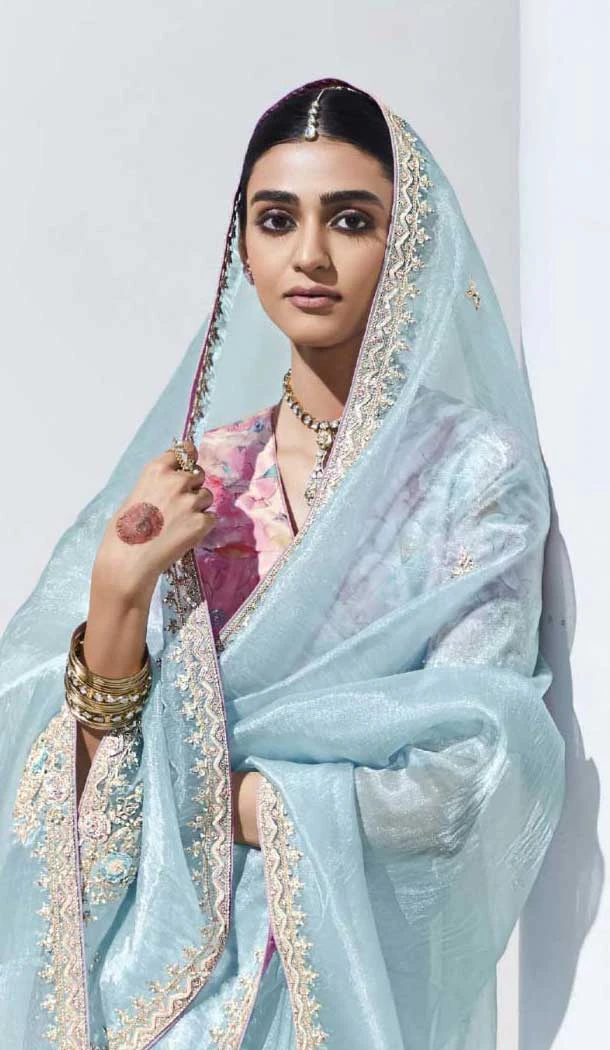 Sky Blue Glass Tissue Organza Embroidered Traditional Wear Saree - 10115192427