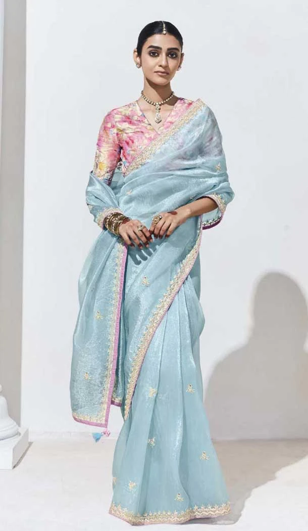 Sky Blue Glass Tissue Organza Embroidered Traditional Wear Saree - 10115192427
