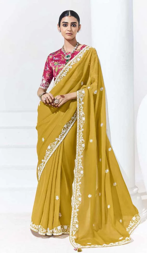 Mustard Glass Tissue Organza Embroidered Traditional Wear Saree - 10115192428 Mustard Glass Tissue Organza Embroidered Traditional Wear Saree - 10115192428