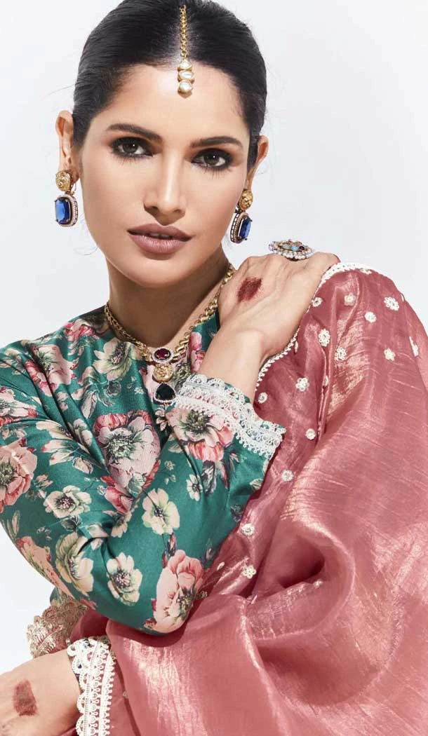Pink Glass Tissue Organza Embroidered Traditional Wear Saree - 10115192429