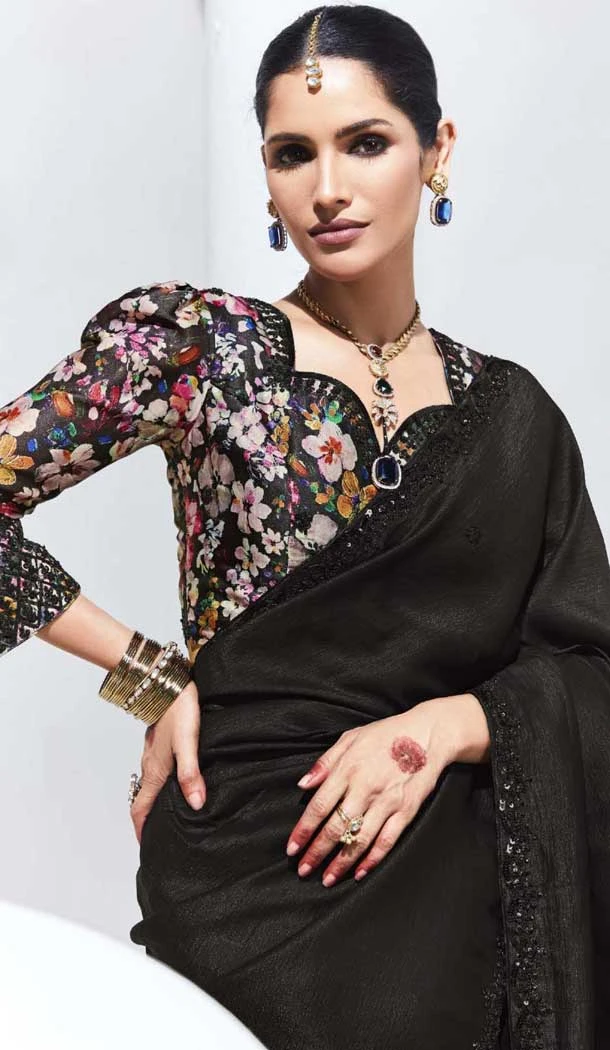 Black Glass Tissue Organza Embroidered Traditional Wear Saree - 10115192430