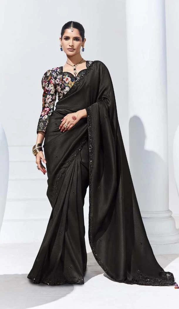 Black Glass Tissue Organza Embroidered Traditional Wear Saree - 10115192430