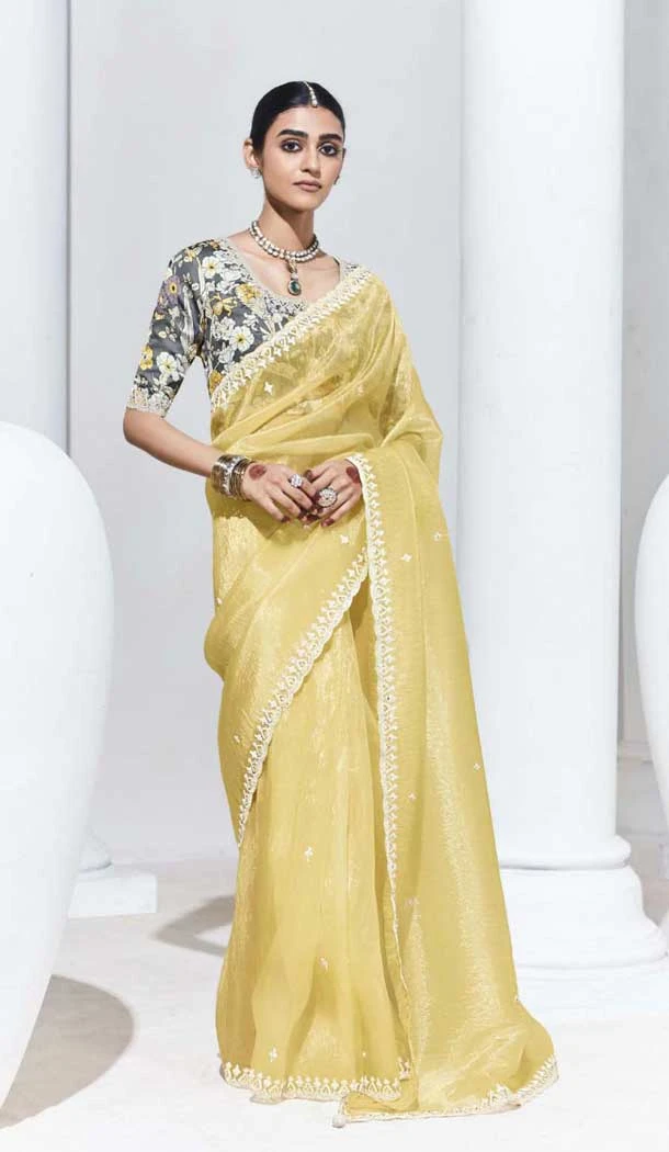 Light Yellow Glass Tissue Organza Embroidered Traditional Wear Saree - 10115192431 Light Yellow Glass Tissue Organza Embroidered Traditional Wear Saree - 10115192431