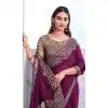 Chiffon Silk Resham Work Party Wear Plus Size Saree In Wine - 10116192432