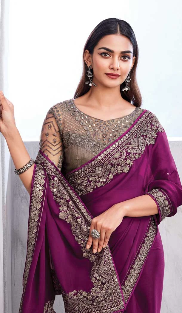 Chiffon Silk Resham Work Function Wear Saree In Wine - 10116192432