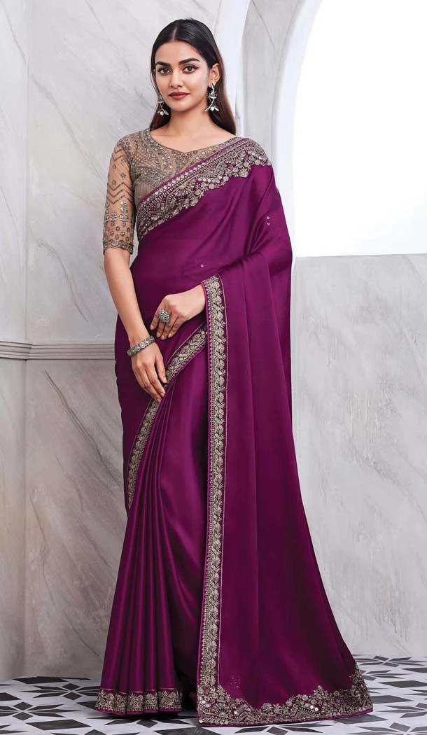 Chiffon Silk Resham Work Function Wear Saree In Wine - 10116192432