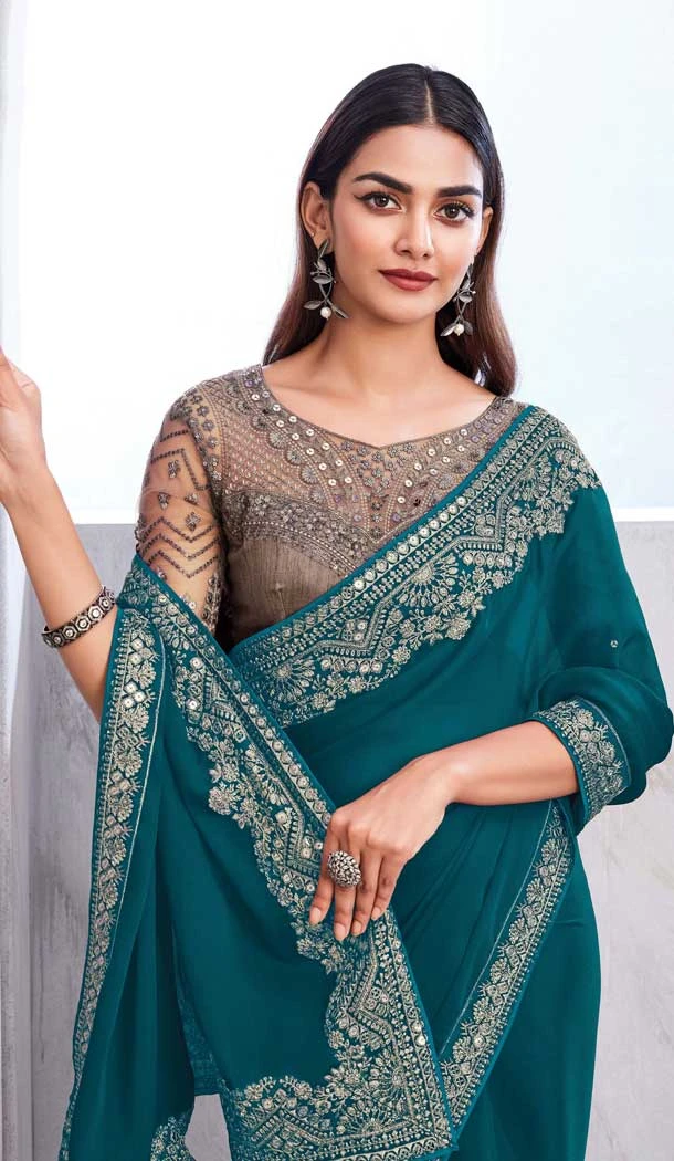 Chiffon Silk Resham Work Function Wear Saree In Mint - 10116192433