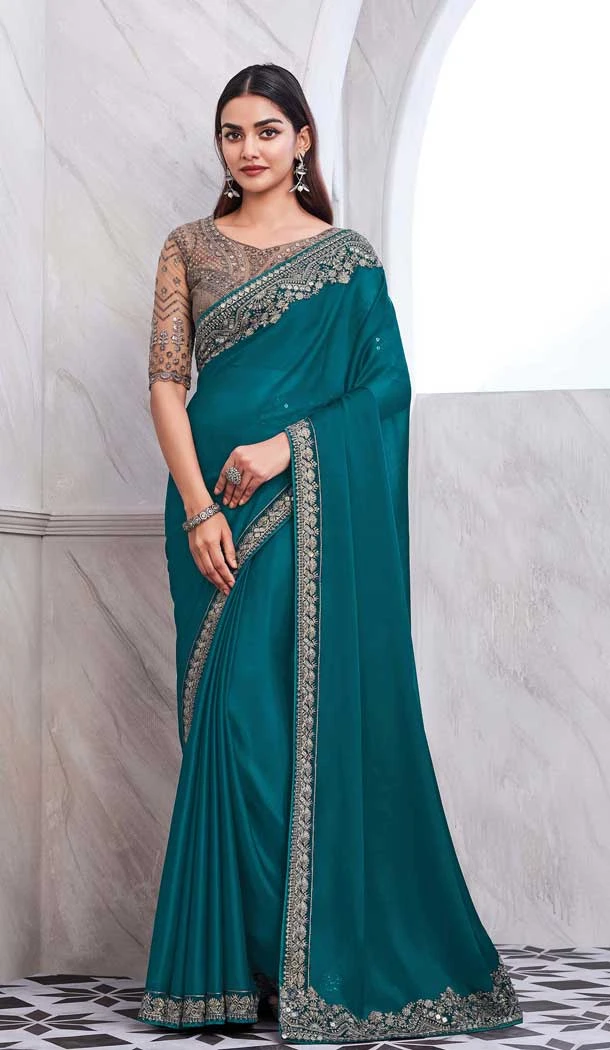 Chiffon Silk Resham Work Function Wear Saree In Mint - 10116192433