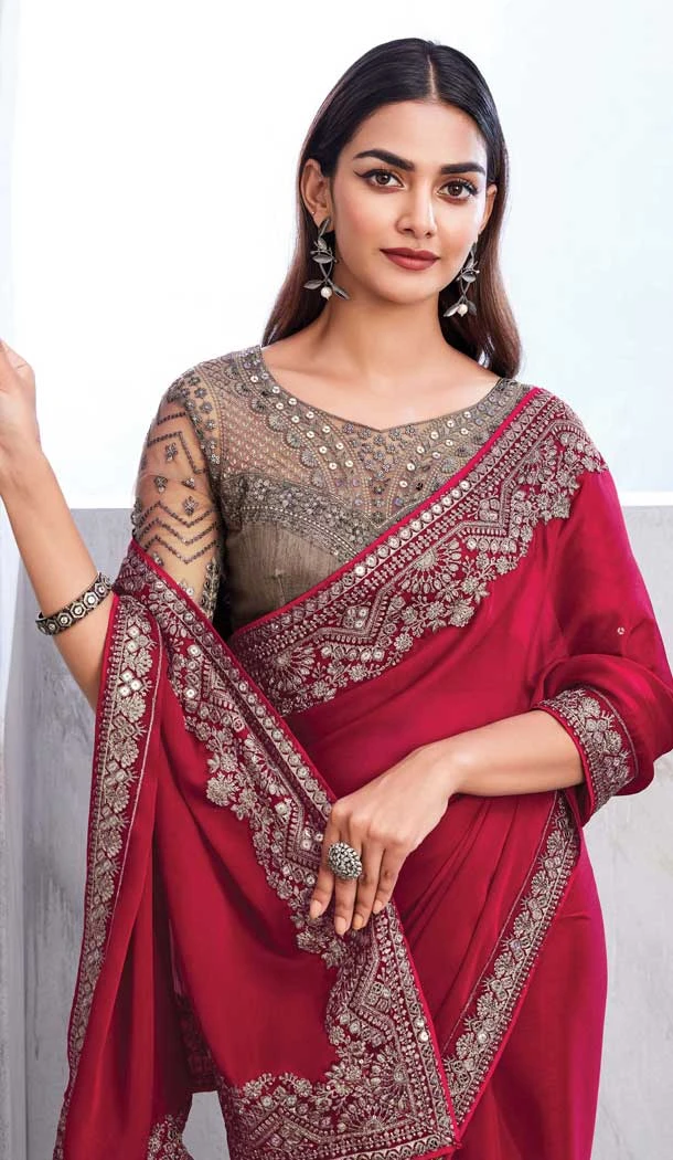Chiffon Silk Resham Work Function Wear Saree In Rani Pink - 10116192434