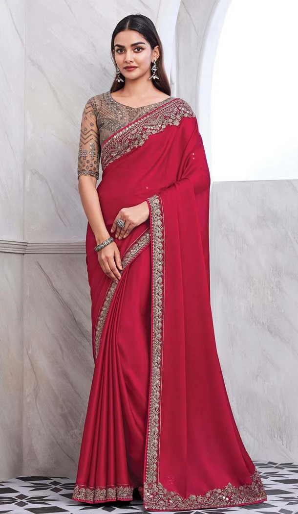 Chiffon Silk Resham Work Function Wear Saree In Rani Pink - 10116192434