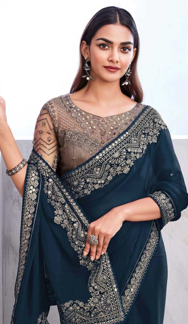 Chiffon Silk Resham Work Function Wear Saree In Teal - 10116192435