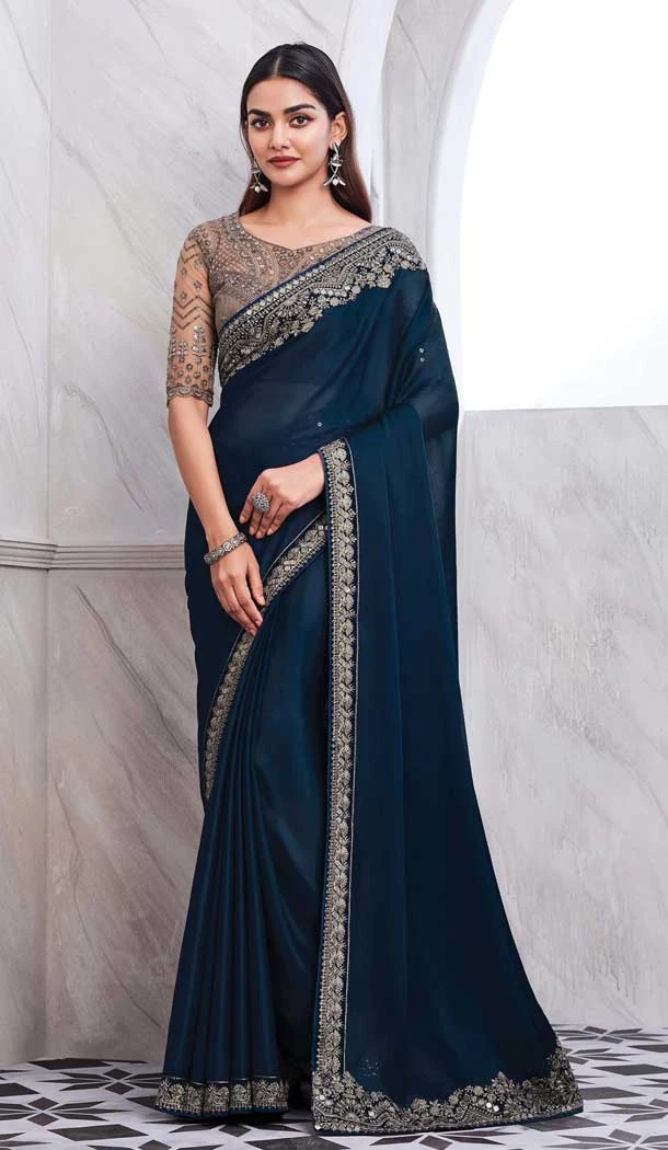 Chiffon Silk Resham Work Function Wear Saree In Teal - 10116192435