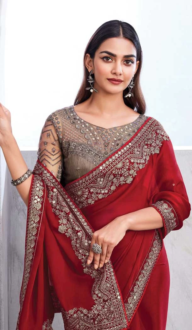 Chiffon Silk Resham Work Function Wear Saree In Red - 10116192436