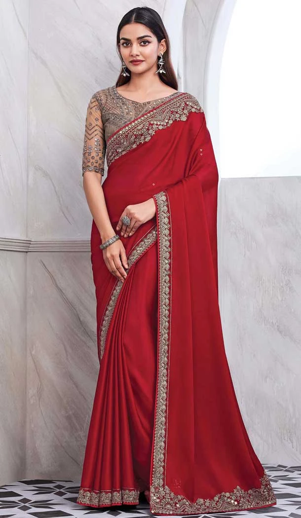 Chiffon Silk Resham Work Function Wear Saree In Red - 10116192436