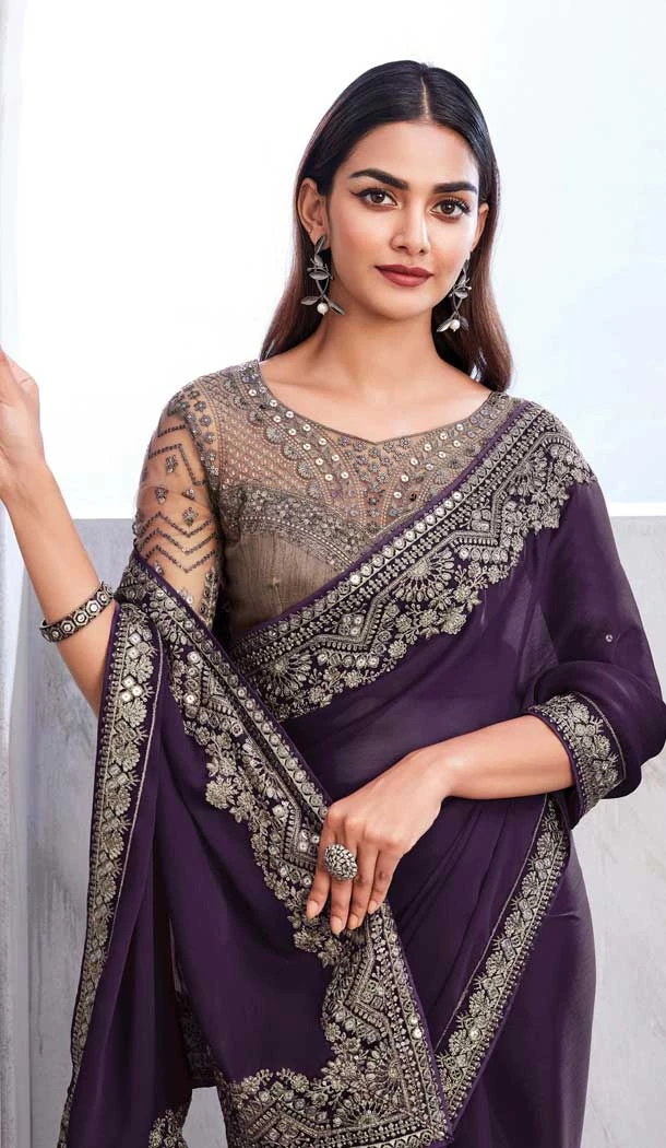 Chiffon Silk Resham Work Function Wear Saree In Purple - 10116192437
