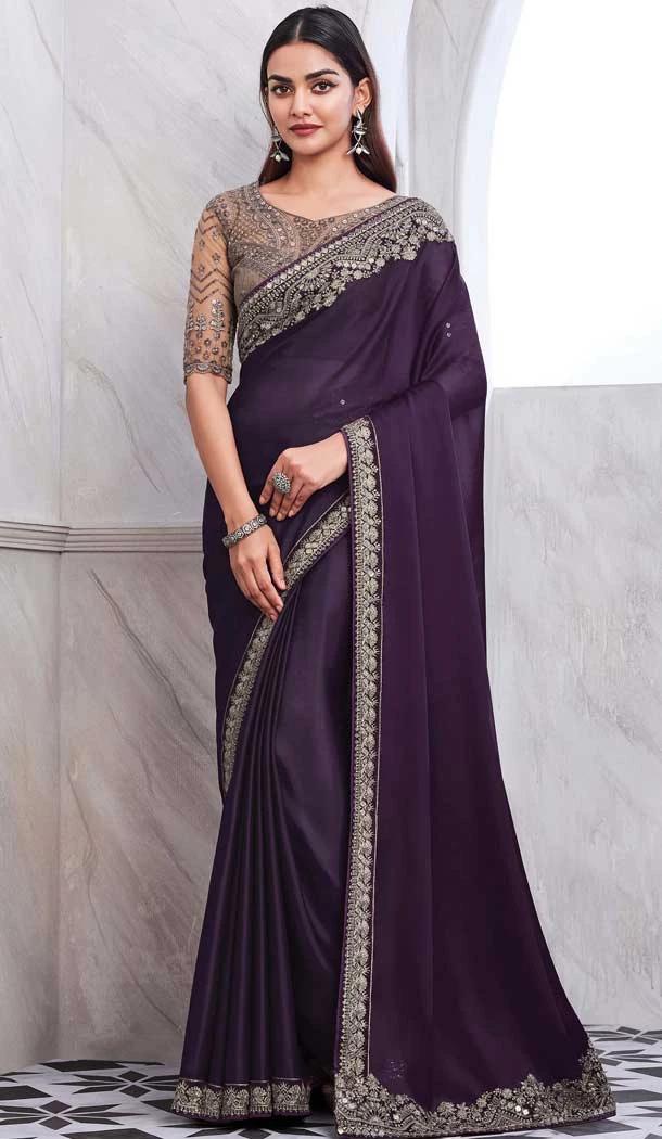 Chiffon Silk Resham Work Function Wear Saree In Purple - 10116192437