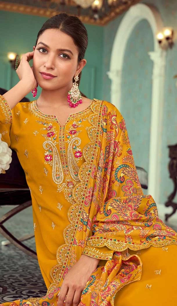 Mustard Georgette Resham Work Party Wear Salwar Kameez - 10117192438