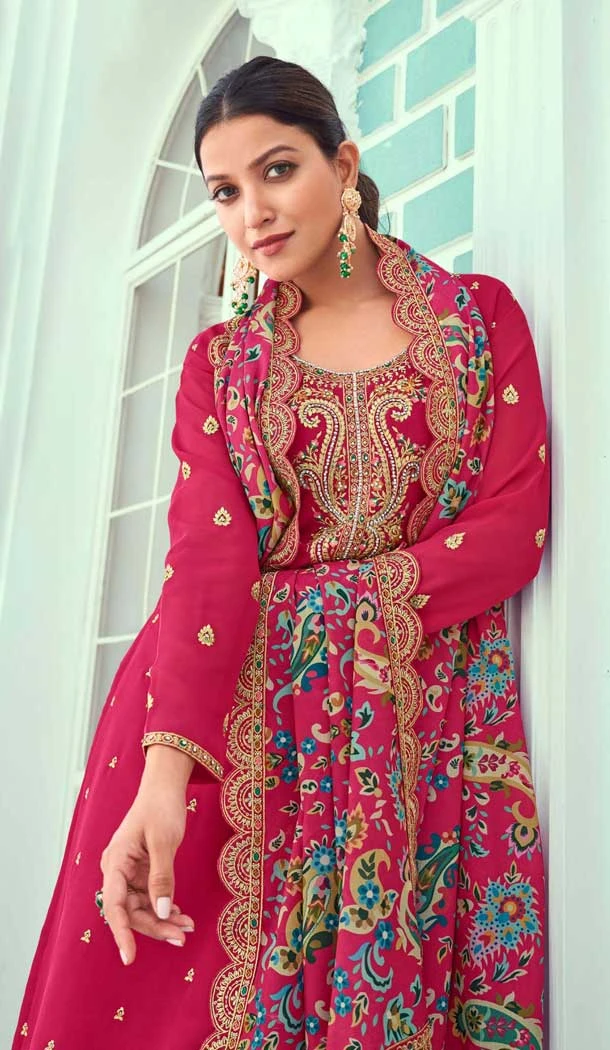 Rani Pink Georgette Resham Work Party Wear Salwar Kameez - 10117192439