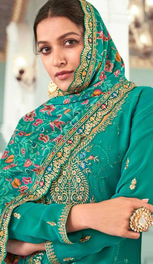 Mint Green Georgette Resham Work Party Wear Salwar Kameez - 10117192440