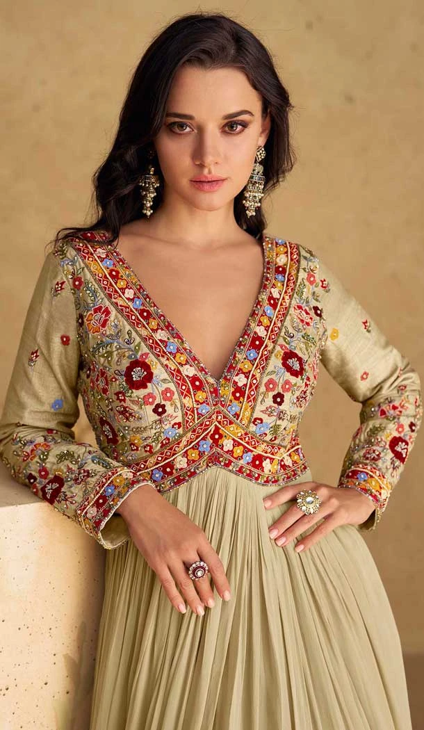 Real Georgette Sequins Work Party Wear Gown With Dupatta In Beige - 10118192442