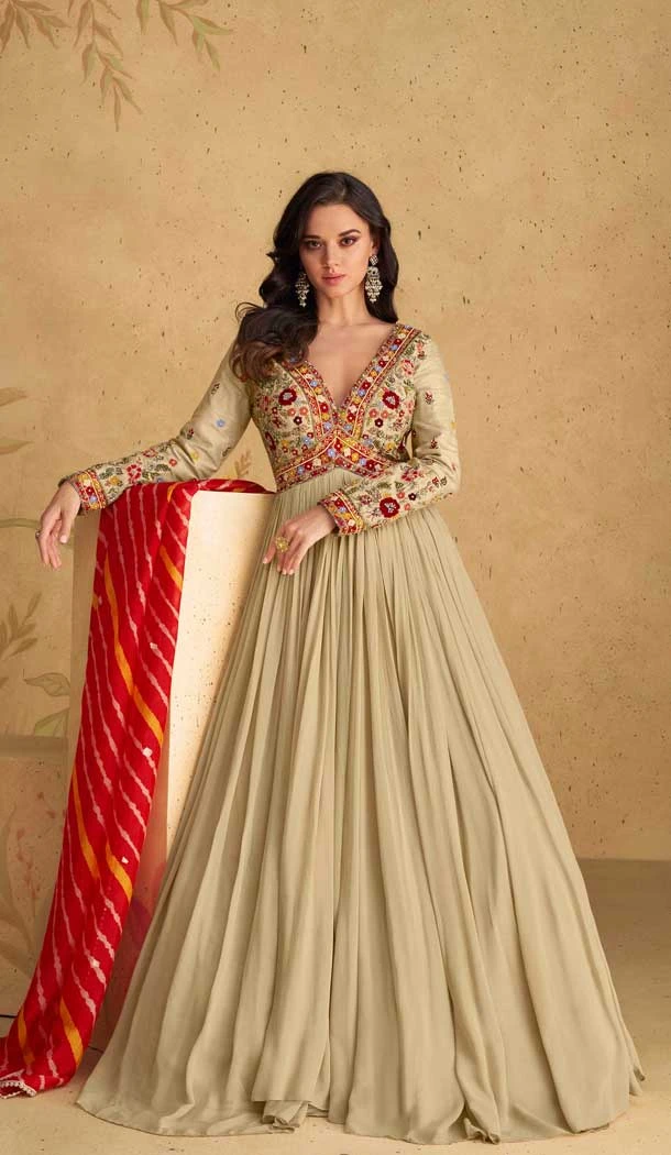 Real Georgette Sequins Work Party Wear Gown With Dupatta In Beige - 10118192442