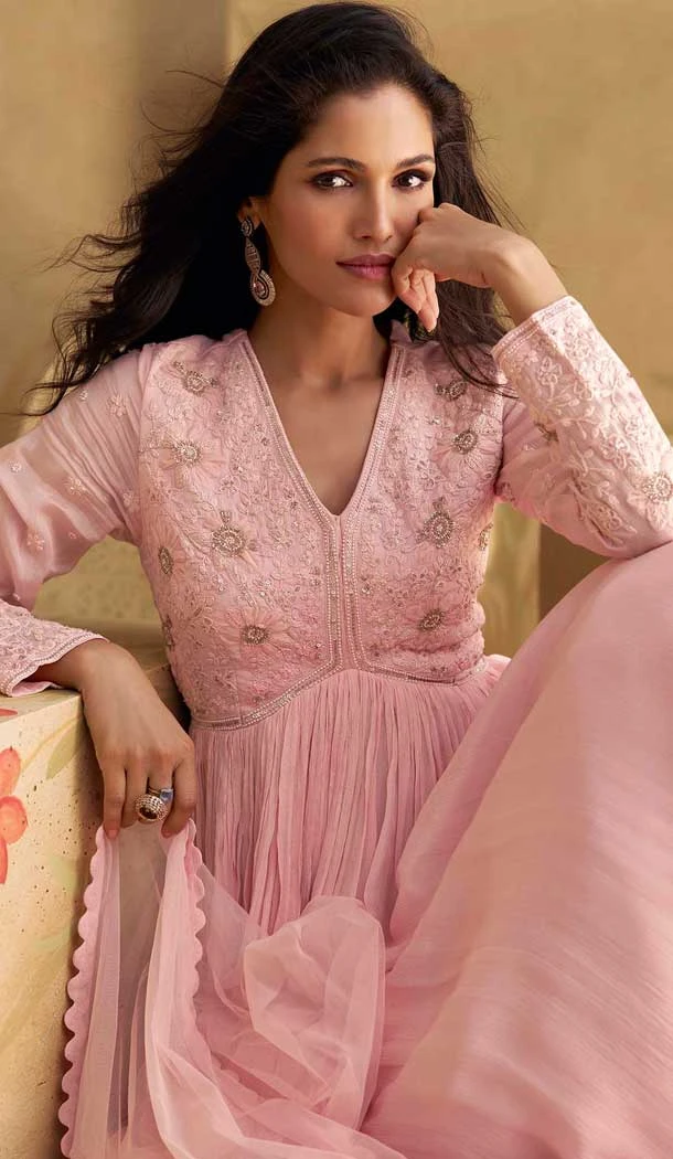 Real Georgette Sequins Work Party Wear Gown With Dupatta In Pink - 10118192444