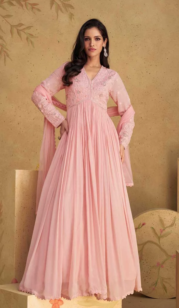 Real Georgette Sequins Work Party Wear Gown With Dupatta In Pink - 10118192444