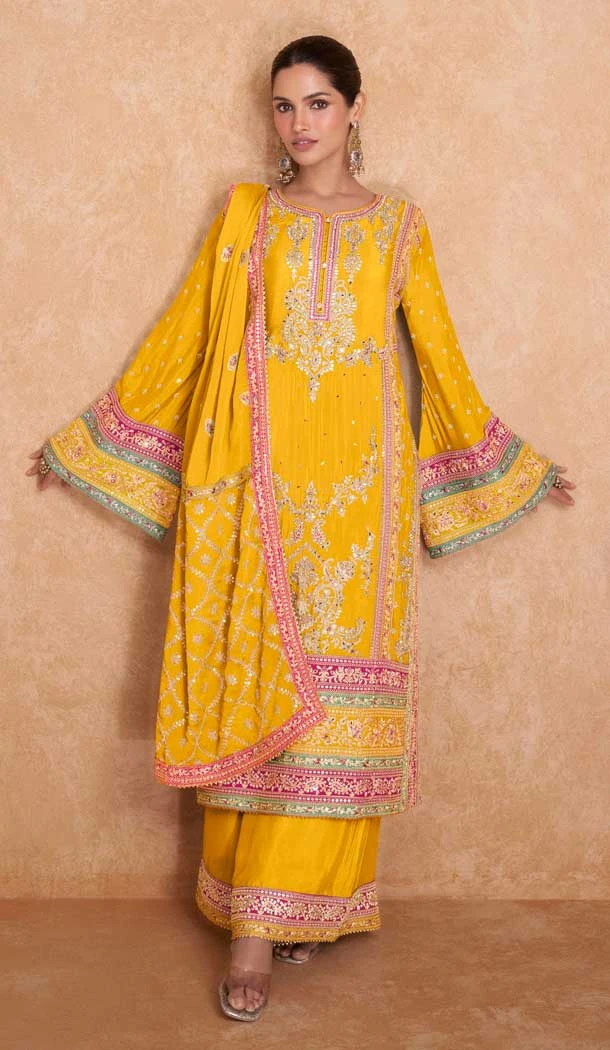 Yellow Chinon Zari Work Pakistani Style Palazzo Salwar Suit - 10120192448