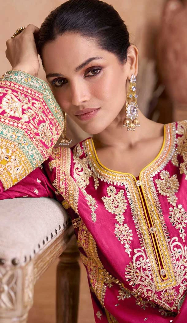 Rani Pink Chinon Zari Work Pakistani Style Palazzo Salwar Suit - 10120192449